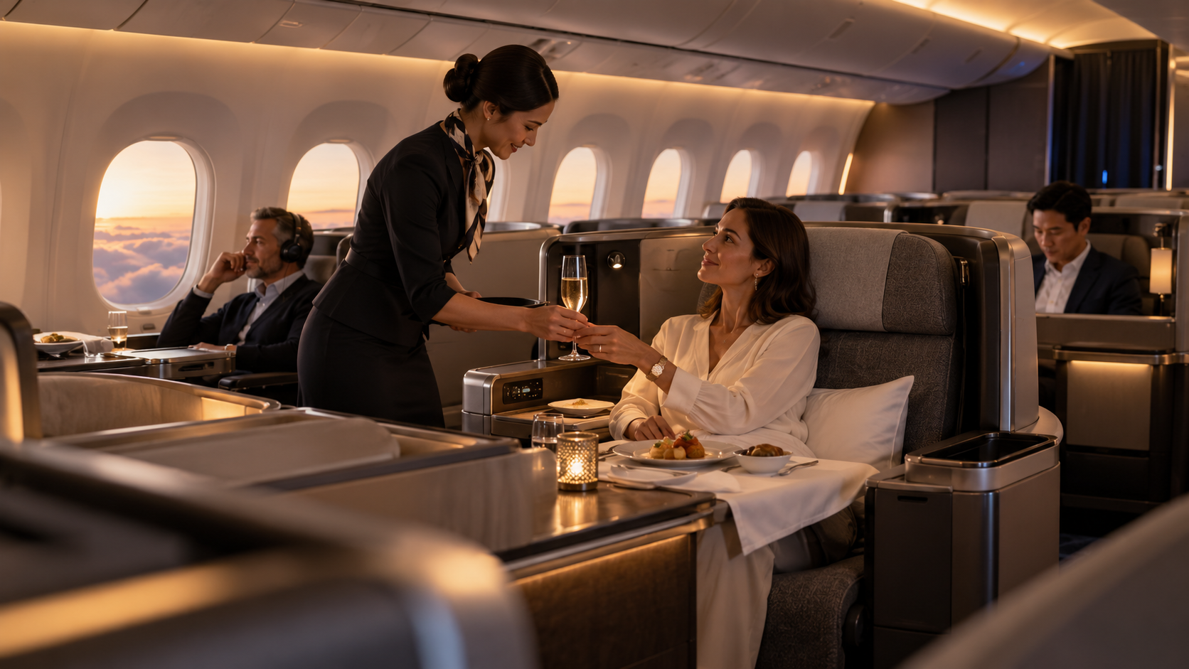 Refined business class cabin representing premium air travel services